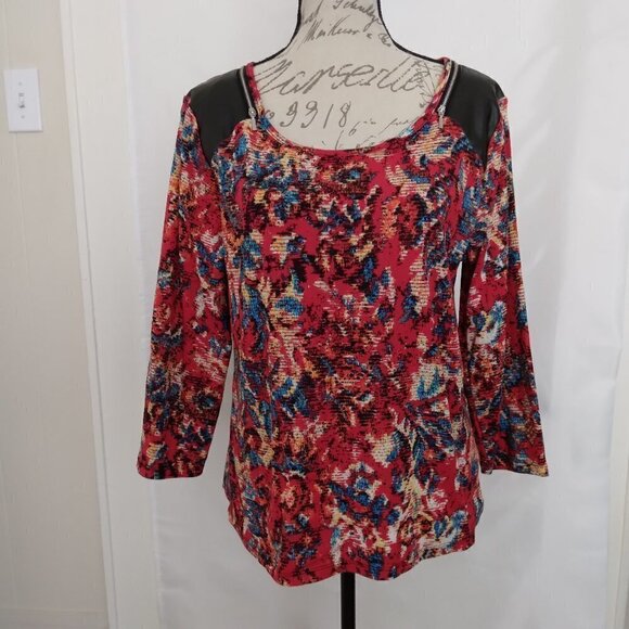 Rafaella |  Black Leather Red Multi Print Top | Size L - Picture 1 of 8